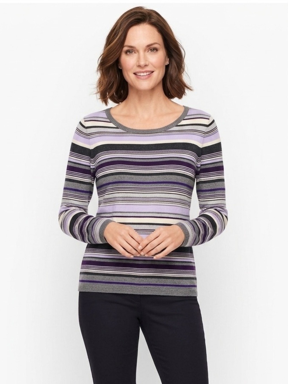 Talbots Striped Crewneck Sweater in Lavender, Black and Cream Medium
